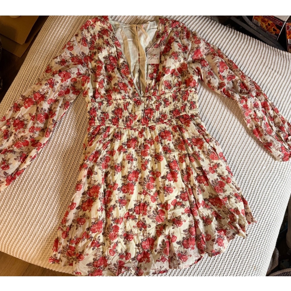Free People NWT Floral Mini Dress Long Sleeve Smocked Ivory Red XS